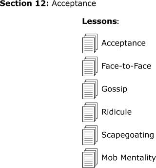 Acceptance Face-to-Face Gossip Ridicule Scapegoating Section 12: Acceptance         Lessons: Mob Mentality